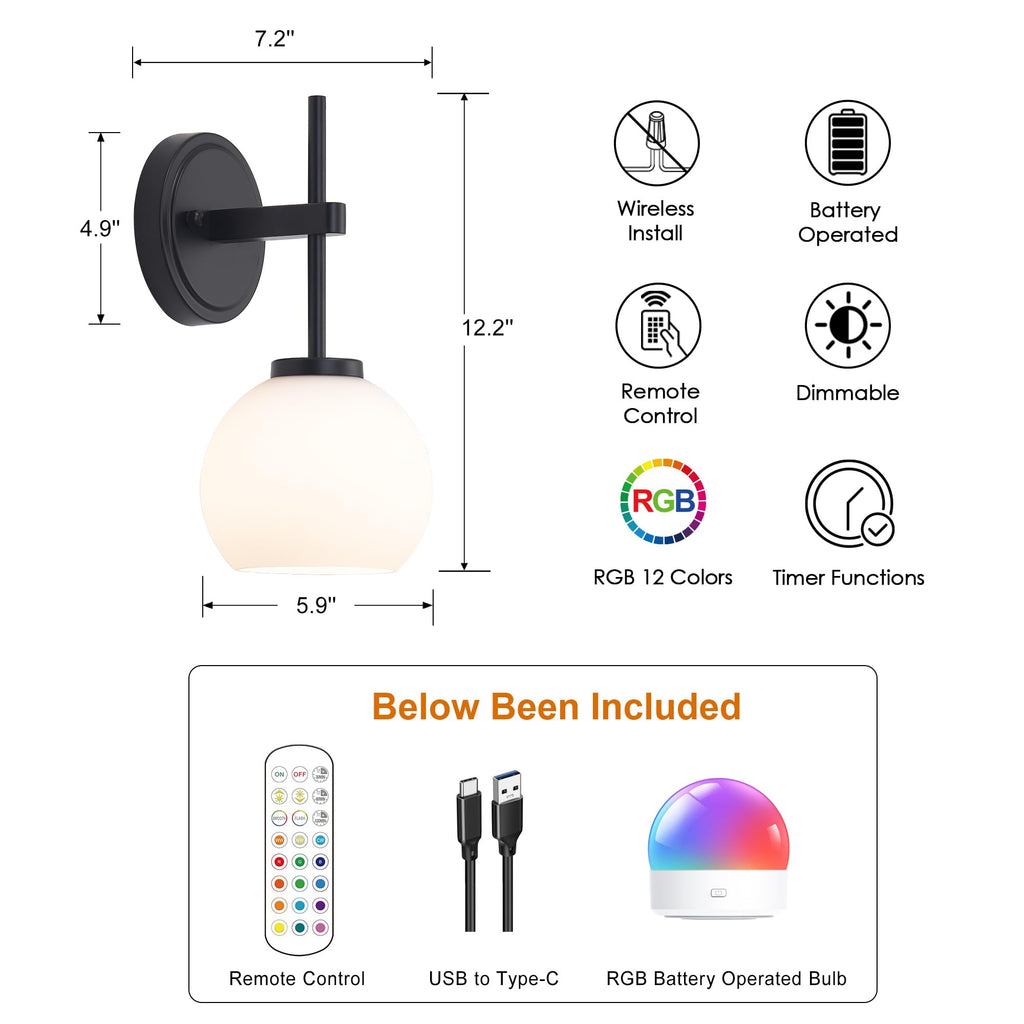 SANTOSTOCK Black Wireless Rechargeable Wall Sconces with Remote Control, Battery Operated Wall Sconce Set of 2, LED Dimmable Wall Lights with Opal White Glass Shade, 12 Colors RGB & 3 CCT Bulb