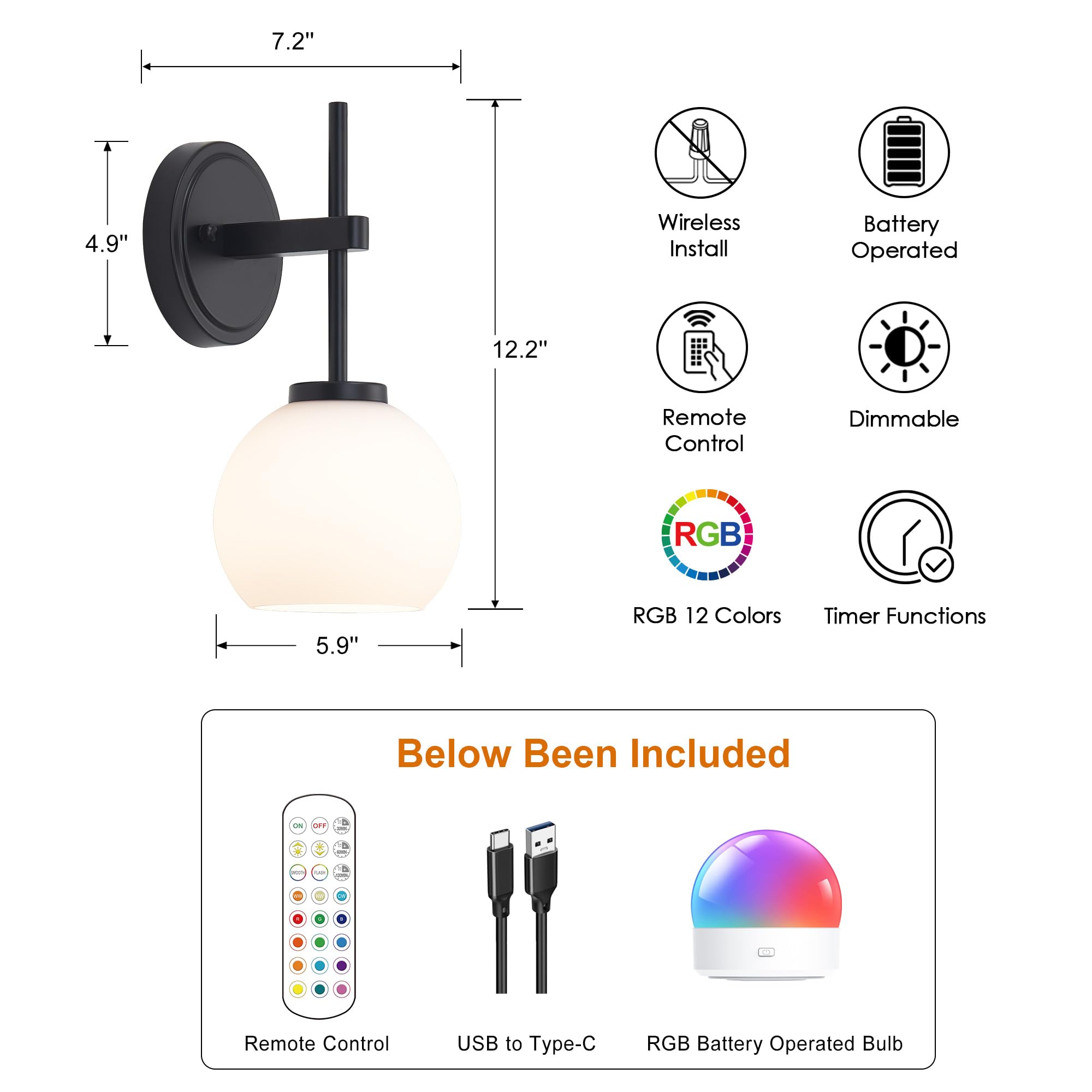 SANTOSTOCK Black Wireless Rechargeable Wall Sconces with Remote Control, Battery Operated Wall Sconce Set of 2, LED Dimmable Wall Lights with Opal White Glass Shade, 12 Colors RGB & 3 CCT Bulb