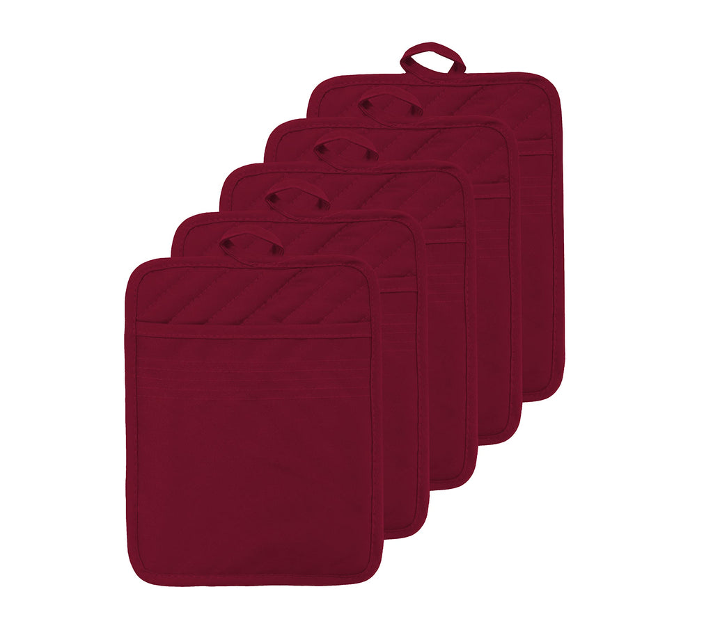 VEIKERY Oven Pot Holder with Pocket Cotton Heat Resistant Coaster Potholder Kitchen Hot Pad Oven Mitts for Cooking Square 7"x9"Set of 5 (Burgundy red, 5)