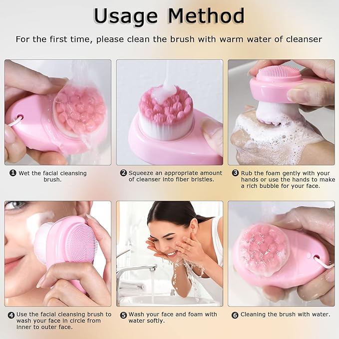 Facial Cleansing Brush 2 in 1 for Face Exfoliation, 2 Pack Soft Microfiber Bristle Brush for Pore Deep Cleansing, Dual Face Silicone Scrubber Brush for Skincare with Lid, Pink