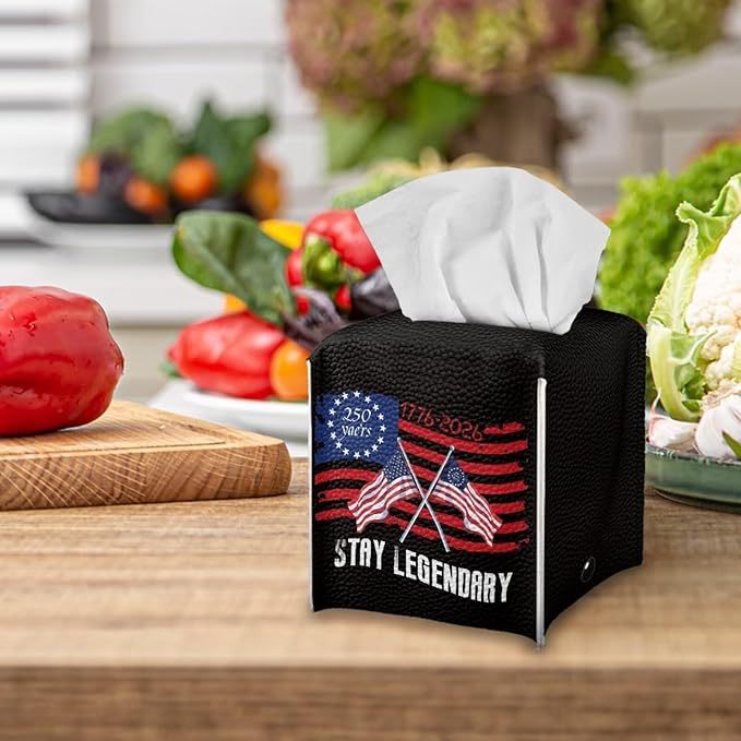 250 Years Tissue Box Holder Waterproof PU Leather Square Modern Tissue Box Cover with Metal Button Napkin Holder for Home Office Car