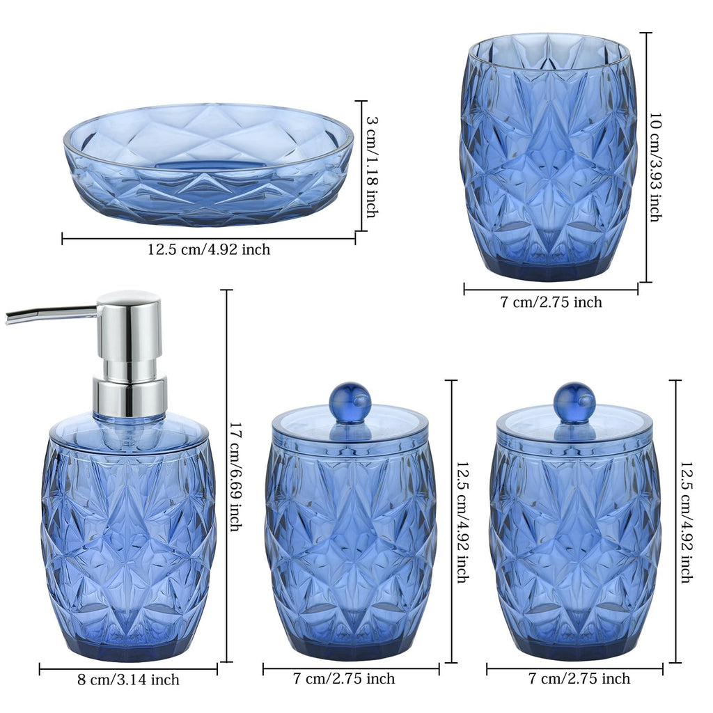 Modern Shatterproof Acrylic Cobalt Blue Bathroom Accessories Set – 5-Piece Glass-Free Vanity Set with Soap Dispenser, Toothbrush/Makeup Brush Holder, 2 Cotton Jars with Lids, and Soap Dish