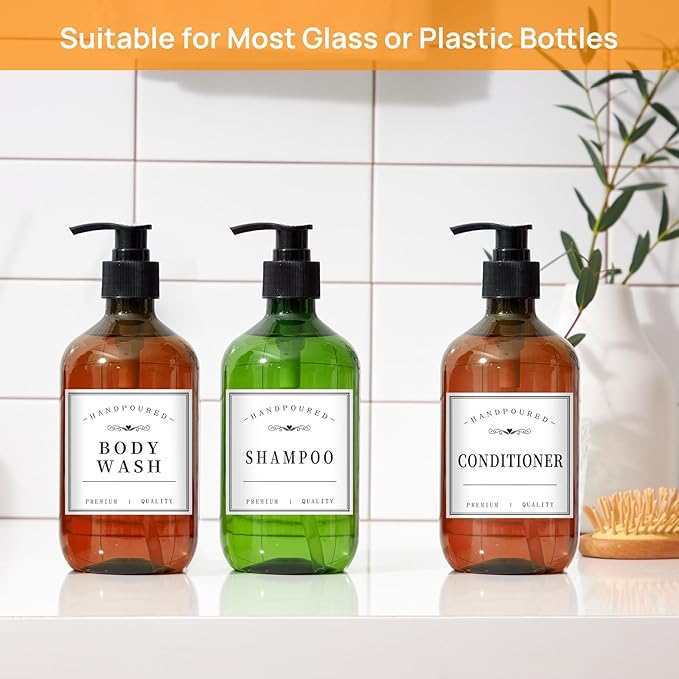 HVSWLY 12PCS Bathroom Labels for Bottles,Minimalist Bathroom Organization Labels,Waterproof Bottle Labels for Shampoo Conditioner Body Wash(White)