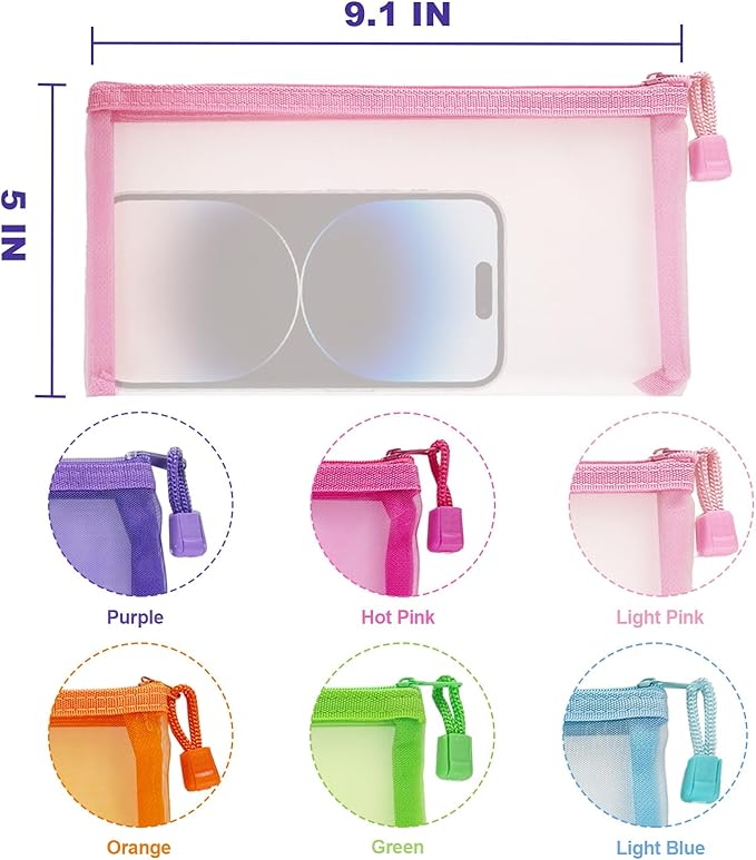 CarryEpic Mesh Pouches(6 Pack), Mesh Bags with Zipper Nylon Makeup Pouches Bag Cosmetic Pouch Travel Purse Organizer Insert Diaper Inside Bag Organizers Home Organizing Size See Through Cute Colors