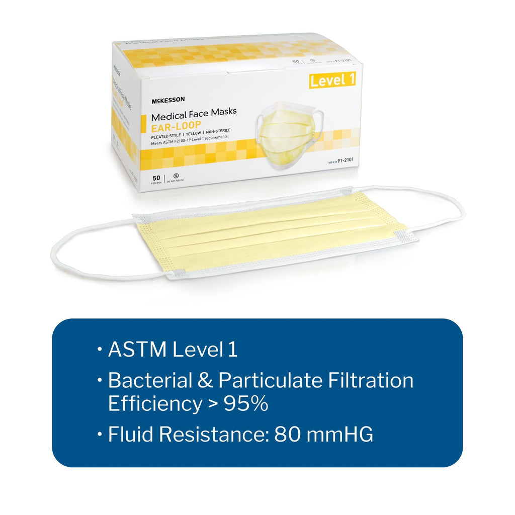 McKesson Medical Face Masks, Level 1 - Pleated with Ear Loops, Non-Sterile, Yellow - One Size Fits Most Adults, 7 in x 3.75 in, 50 Count, 1 Pack