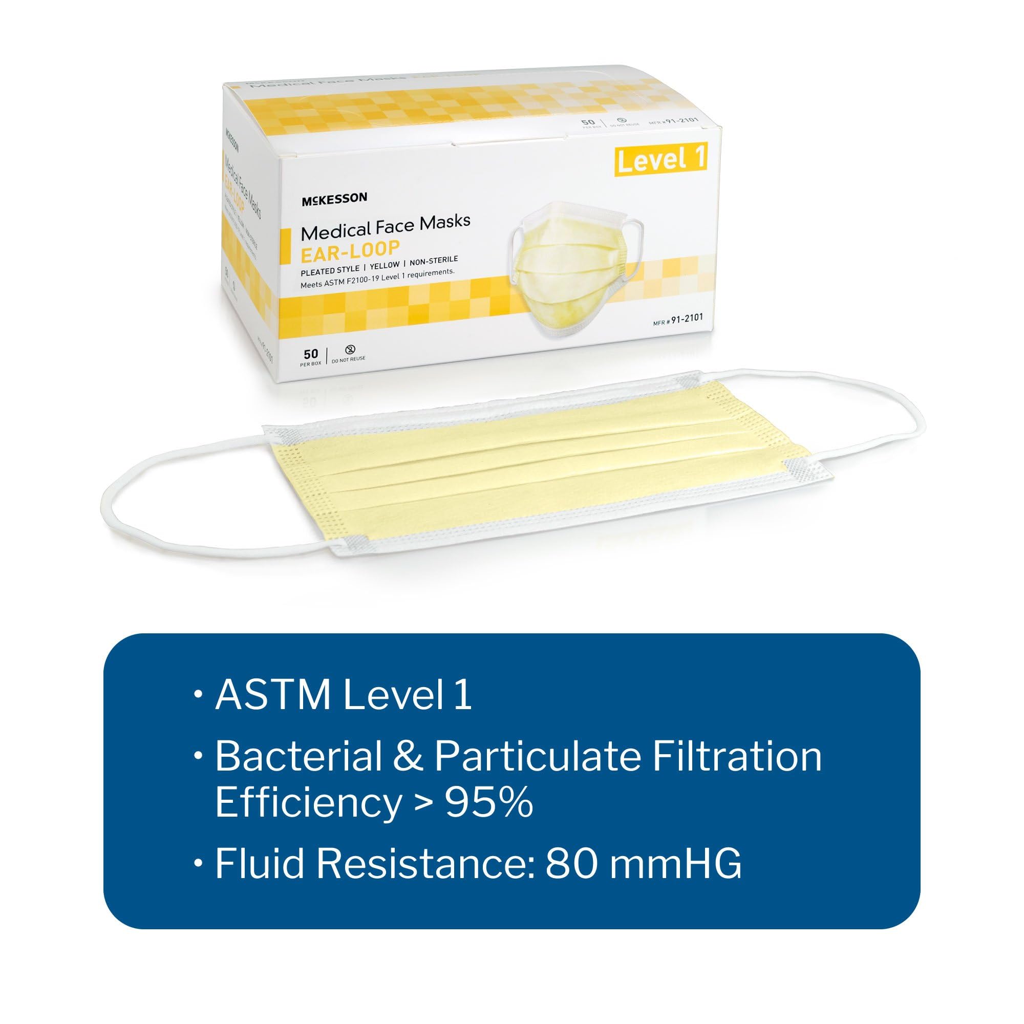 McKesson Medical Face Masks, Level 1, Non-Sterile, 7 x 3.75 in, 50 ct