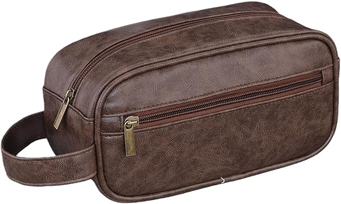 Men’s Toiletry Bag - Vintage PU Leather Kit for Travel - Water-Resistant Shaving Bag,Compact Pouch Gift for Husband, Dad (Brown)