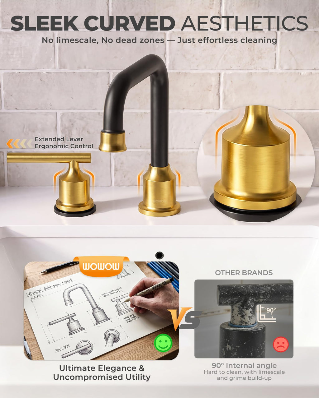 WOWOW Black Gold Bathroom Faucet 3 Hole, Widespread Vanity Sink Faucets