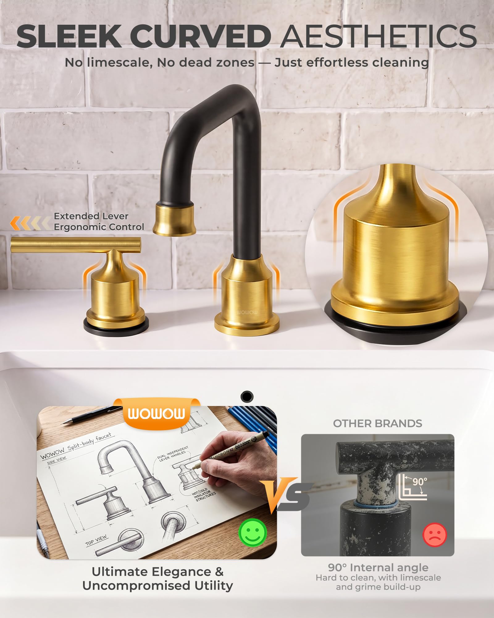 WOWOW Black Gold Bathroom Faucet 3 Hole, Widespread Vanity Sink Faucets