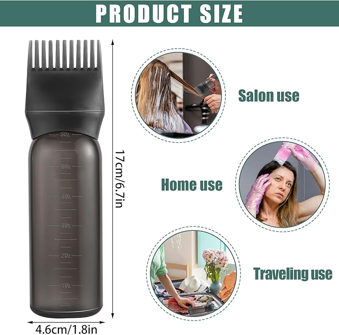 Pimoys 6Oz Root Comb Hair Dye Oil Applicator Bottles for Scalp, Black