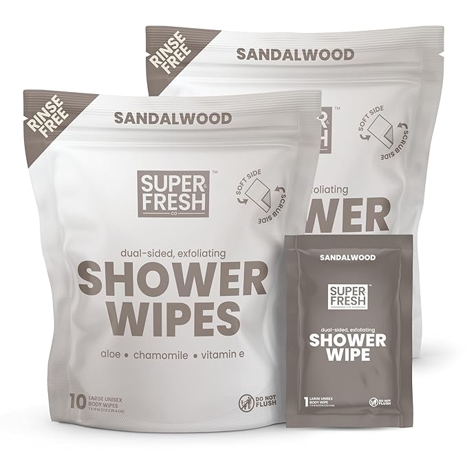 Super Fresh Shower Body Wipes, Travel Essentials for Camping, Large Sandalwood Wipes for Adults, Women, Men, Kids Personal Hygiene Cloth Enriched with Aloe and Vitamin E, Individually Wrapped 20 Pack