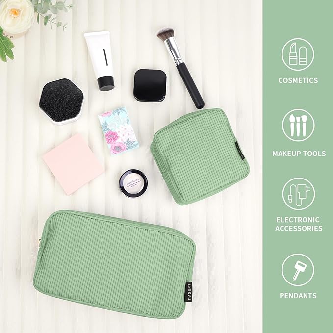 MAGEFY Makeup Bag for Purse, 2 Pcs Corduroy Cosmetic Bag for Girls Women Small Travel Makeup Pouch with Zipper(Green)