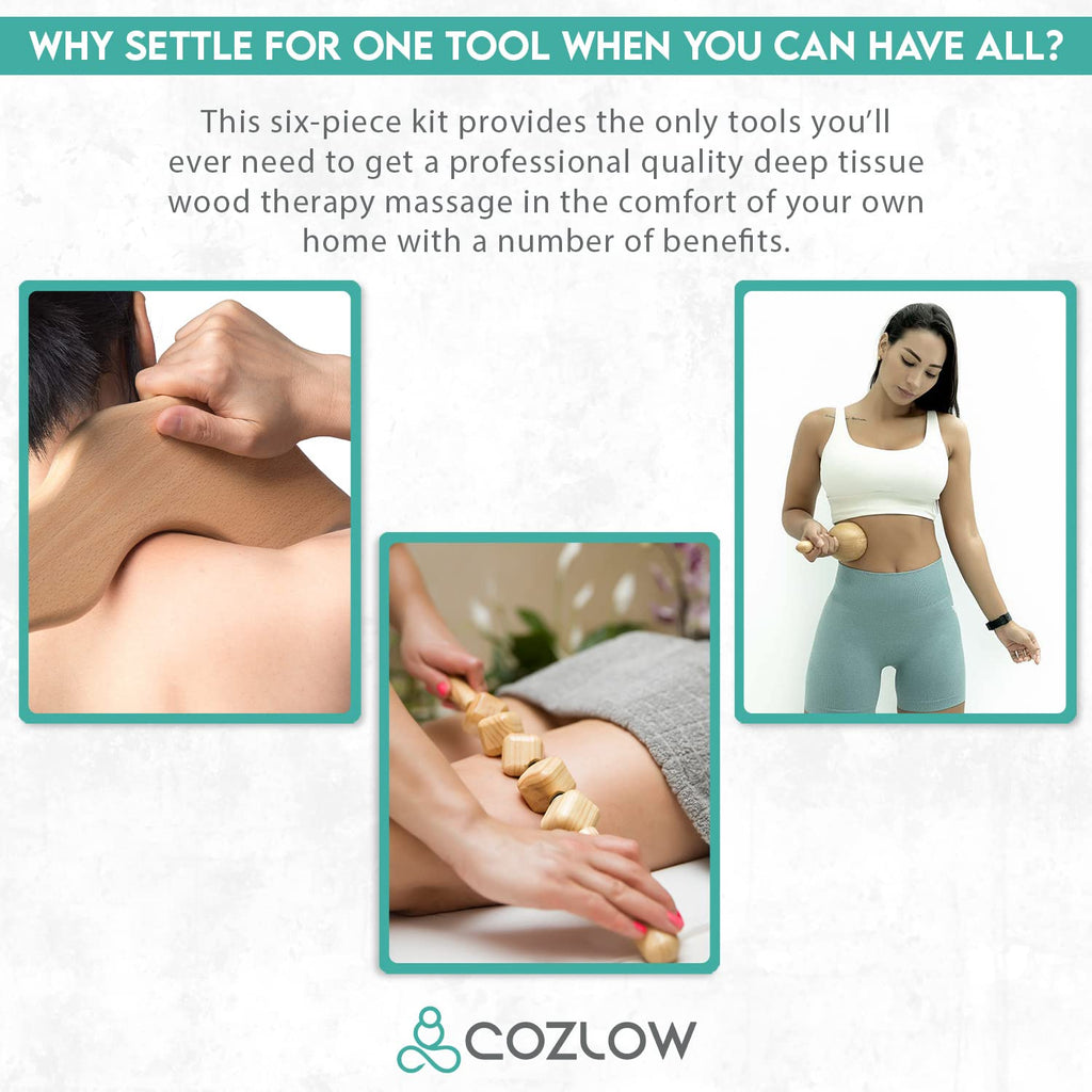 COZLOW 6-in-1 Wood Therapy Massage Tools - Professional Maderoterapia Kit for Body Sculpting, Shaping, Fascia Release & Lymphatic Drainage - Maderotherapy Helps Reduce Cellulite Appearance