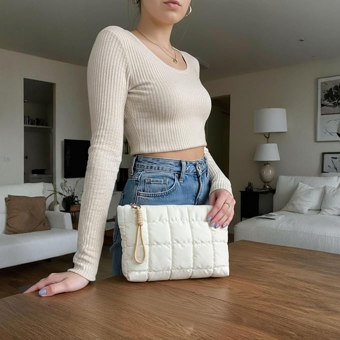 Beayuva Puffer Quilted Makeup Bag Travel Cosmetic Bag Portable Puffy Checkered Toiletry Pouch Skincare Organizer Purse Pencil Case (White)