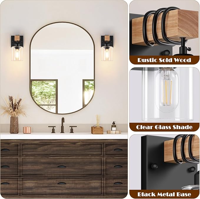 Licperron Set of 2 Wall Sconces for Bathroom, Farmhouse 1-Light Matte Black Bathroom Vanity Light with Clear Glass Shades, Indoor Wall Mount Lighting Fixtures for Bedroom Living Room Mirror Kitchen