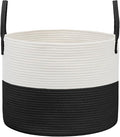 115L Extra Large Blanket Basket for Living Room - Woven Cotton Rope Laundry Hamper with Reinforced Handles - Storage Bin for Pillows, Comforters & Toys - Machine Washable,White&Black