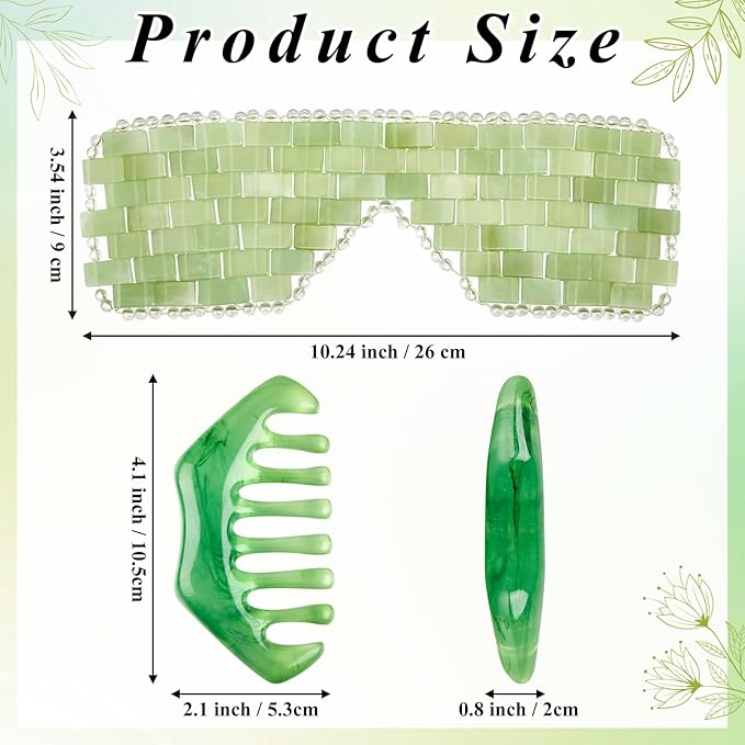 4 Pcs Jade Eye Mask and Hair Comb Set Green Jade Stone Eye Mask White Facial Cooling Set Resin Guasha Scalp Comb Facial Massage Tool for Relax Alleviate Puffiness Esthetician Supply (Fresh Color)