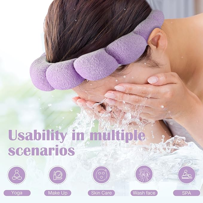 Ztomine Spa Headbands, Set of 2, Terry Cloth Headband for Washing Face or Facial, Puffy Makeup Headbands for Face Washing, Mask, Beige + Purple (1 Beige & 1 Purple Combo Pack)