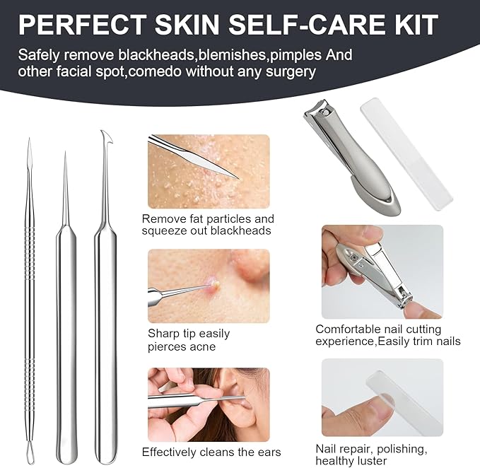 12PCS Professional Salon Grade Blackhead Remover Tool Kit, Comedone Extractor Set for Facial Acne Pimple Blemish Whitehead, Comes with 10X Magnifying Mirror & 20 Alcohol Prep Pads