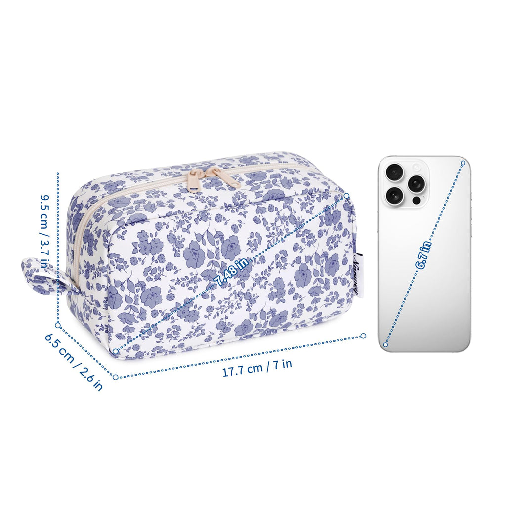 Narwey Small Makeup Bag for Purse Travel Makeup Pouch Mini Cosmetic Bag Zipper Pouch for Women (Little Grayish Blue Flower, Small)