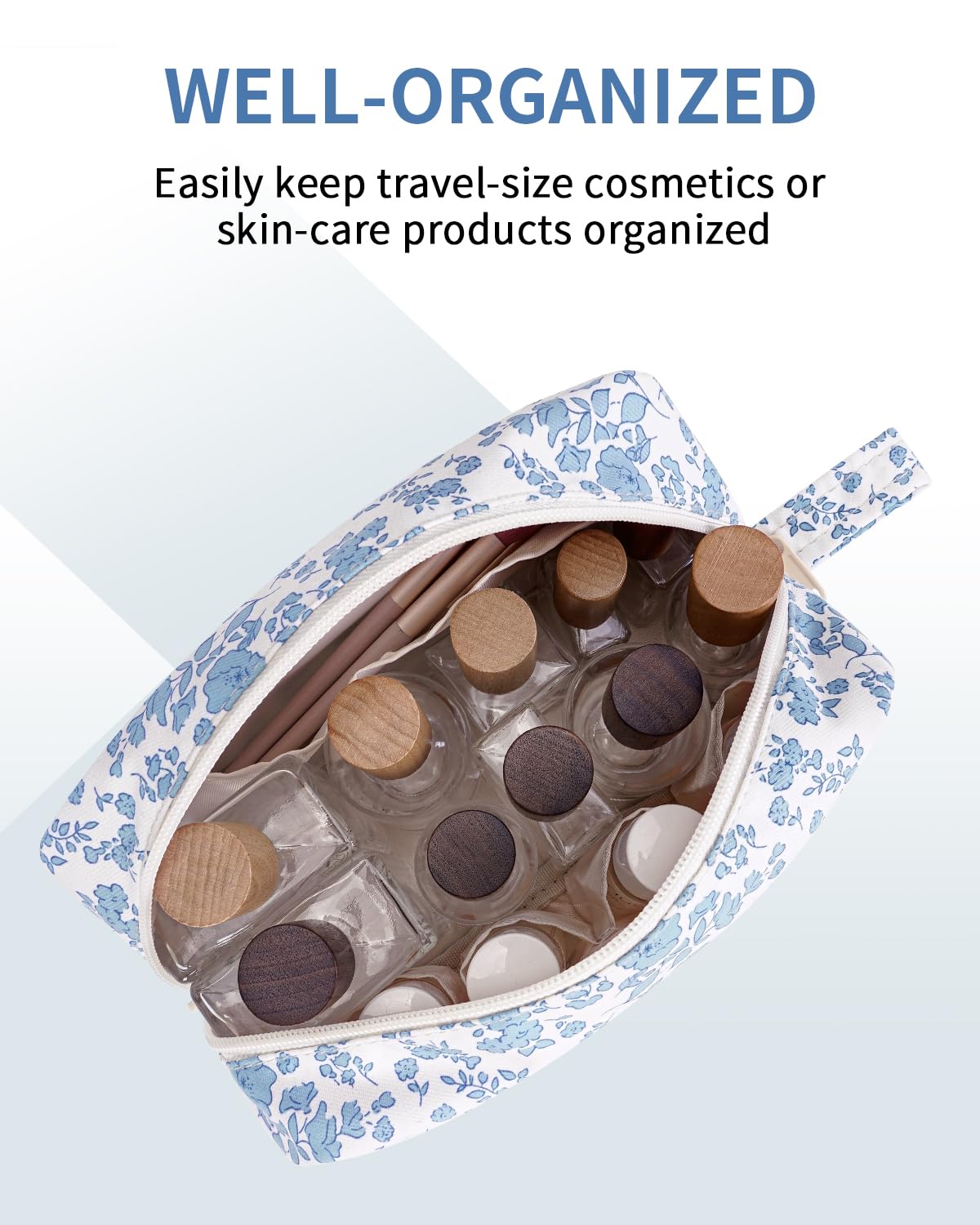 Narwey Cute Makeup Bag Small Toiletry Bag Travel Cosmetic Bag Organizer Make Up Bags with Organized Pockets for Women (Blue Flower, Large)