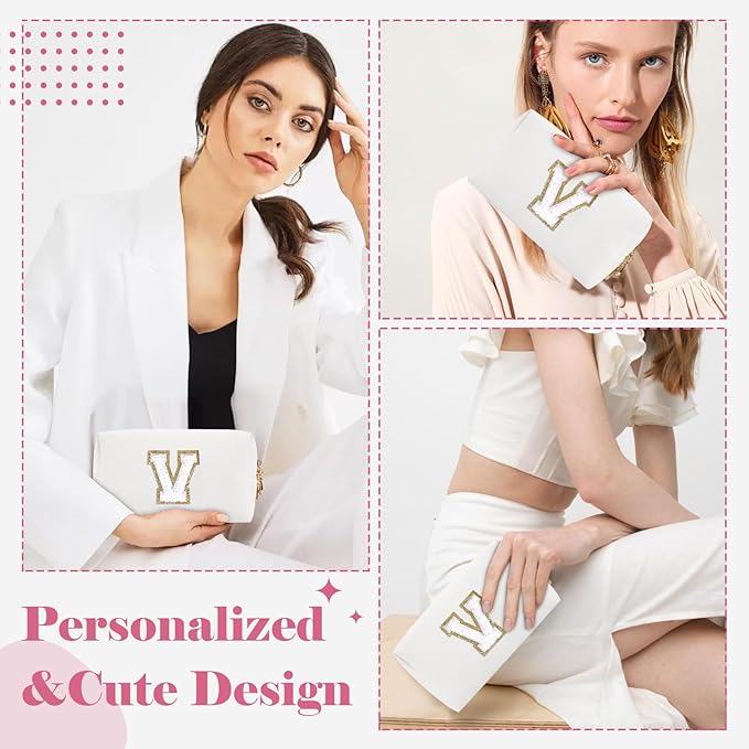 Small Personalized Initial A-Z Preppy Patch Makeup Bag,White PU Chenille Letter Travel Cosmetic Pouch with Zipper,Cute Toiletry Bag,Gift Ideal for Teen Girls Women Teacher Bridesmaid,Letter V