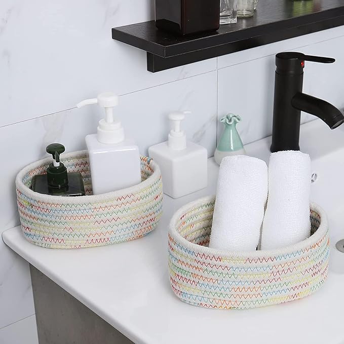 【2 Pack】ABenkle Small Woven Baskets, Tiny Oval Shallow Storage Baskets, Mini Cotton Rope Empty Decorative Basket, Boho Little Organizer Bins for Bathroom, Cat Dog Toy Gifts Baskets