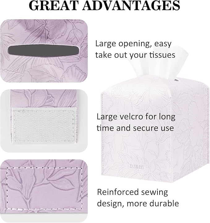 Tissue Box Holder Cover Square Tissue Cube Cover PU Leather Tissue Organizer with Bottom Belt for Bathroom, Tabletop, Kitchen, Night Stands, Office, Home, Car (1, Lightpurple)