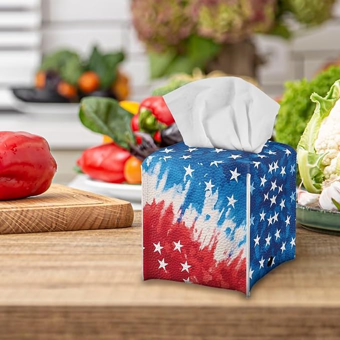 American Tie Dye Decorative Tissue Box Cover, Waterproof PU Leather Square Holder with Metal Button, Protective Napkin Case for Bathroom Countertop, Office Desk, and Car Interior
