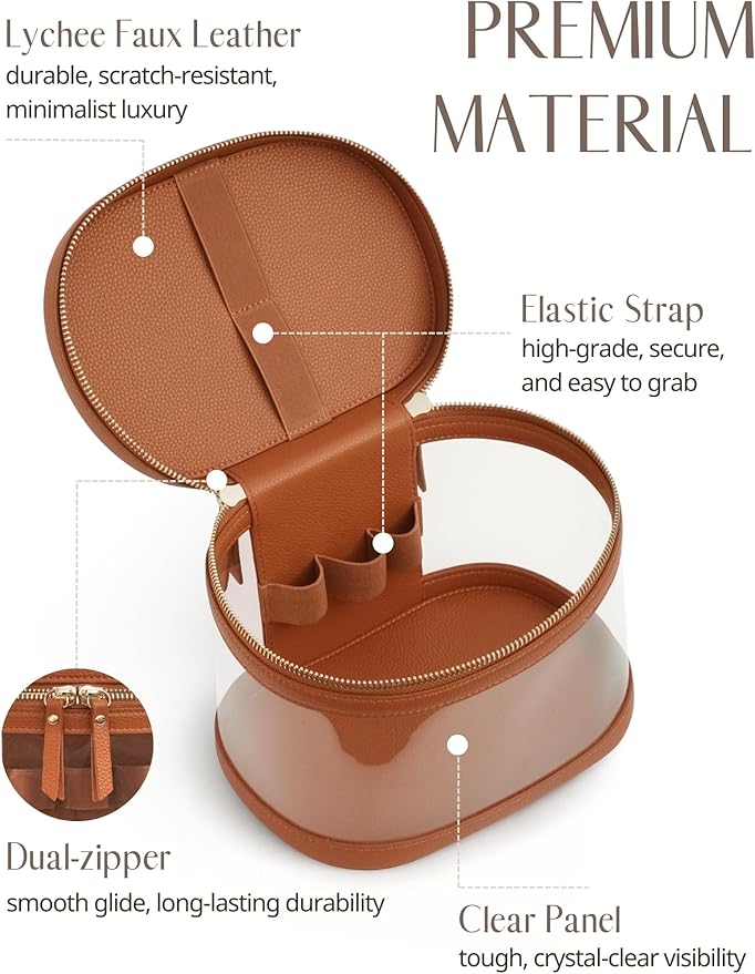 Popvibe Travel Makeup Case Clear Vanity Bag with Brush Holder, Compact Leather Train Case Brown Make Up Bag Storage Organizer Luxury Cosmetic Case Travel Essentials Cute Portable with Handle