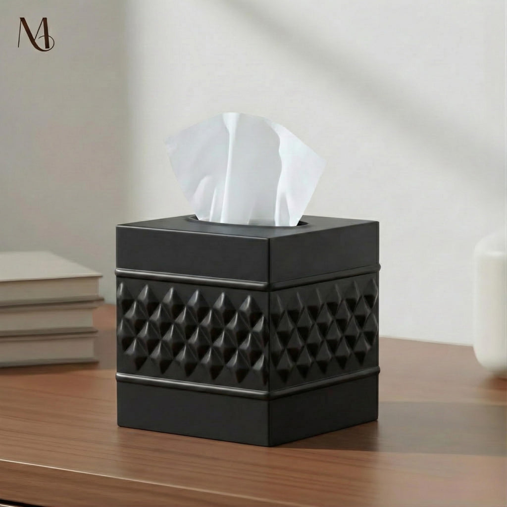 Monarch Abode Tissue Box Cover Square – Handcrafted Geo Embossed Black Metal Tissue Holder Box for Bathroom Accessory, Aesthetic Decorative Facial Napkin Cube for Modern Home Décor