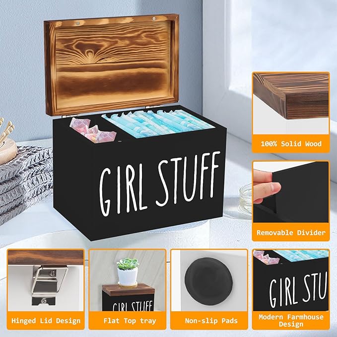 Tampon Holder for Bathroom, Feminine Product Organizer Pad Case with Lid, Pad and Tampon Organizer, Bathroom Accessories Box for Girl Stuff (Black)