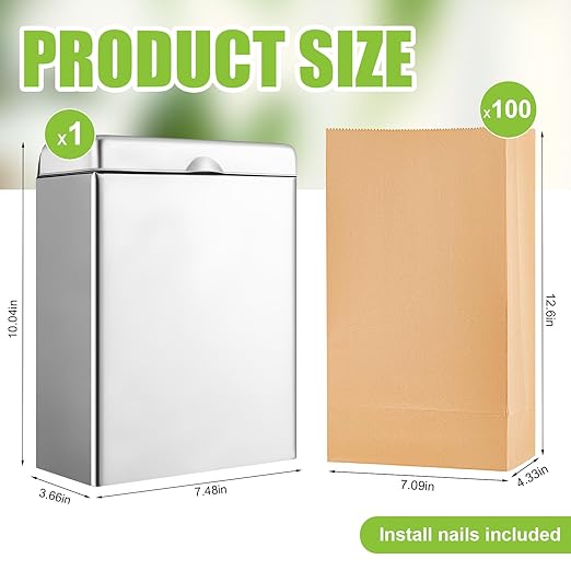 Tioncy 1 Pcs Sanitary Napkin Receptacle with 100 Feminine Hygiene Liner Bag Wall Mounted Tampon Holder for Bathroom Sanitary Napkin Disposal Bags Tampon Disposal Bin for Home Public Restrooms
