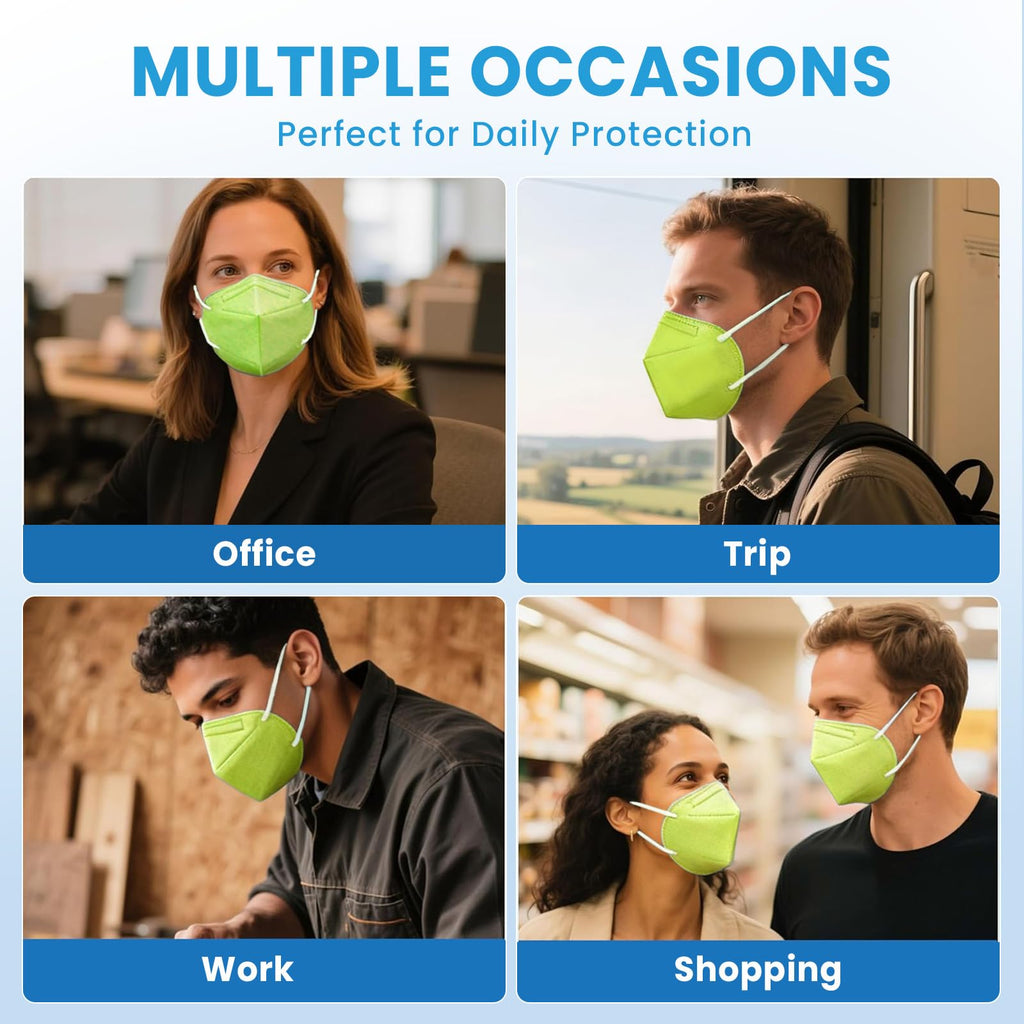 Akgk KN95 Face Mask 50 PCS, Breathable Protection 5-Ply Green Masks, Cup Dust Safety