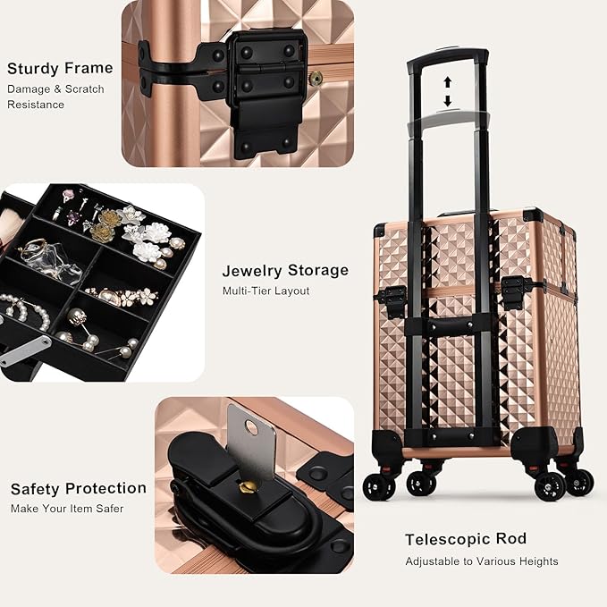 Stagiant Rolling Makeup Train Case Cosmetology Case on Wheels Travel Cosmetic Suitcase Trolley Makeup Luggage Storage Box 4 Tray with Lock Middle Layer Salon Nail Tech Cart Traveling Tattoo Case