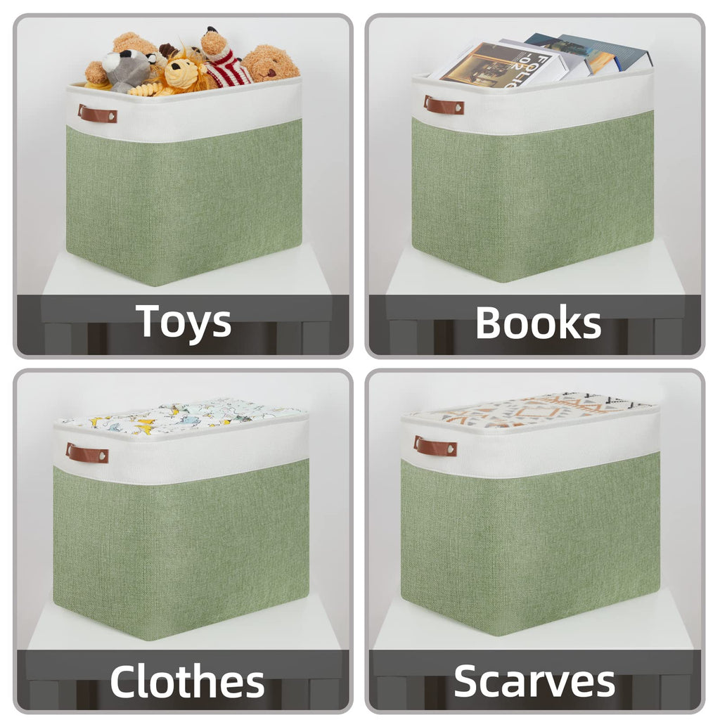 HNZIGE Shelf Storage Baskets for Clothes, Large Storage Bins Fabric Baskets for Organizing, Foldable Rectangular Decorative Storage Bins for Home Closet(White Green), 17" x 12" x 15"
