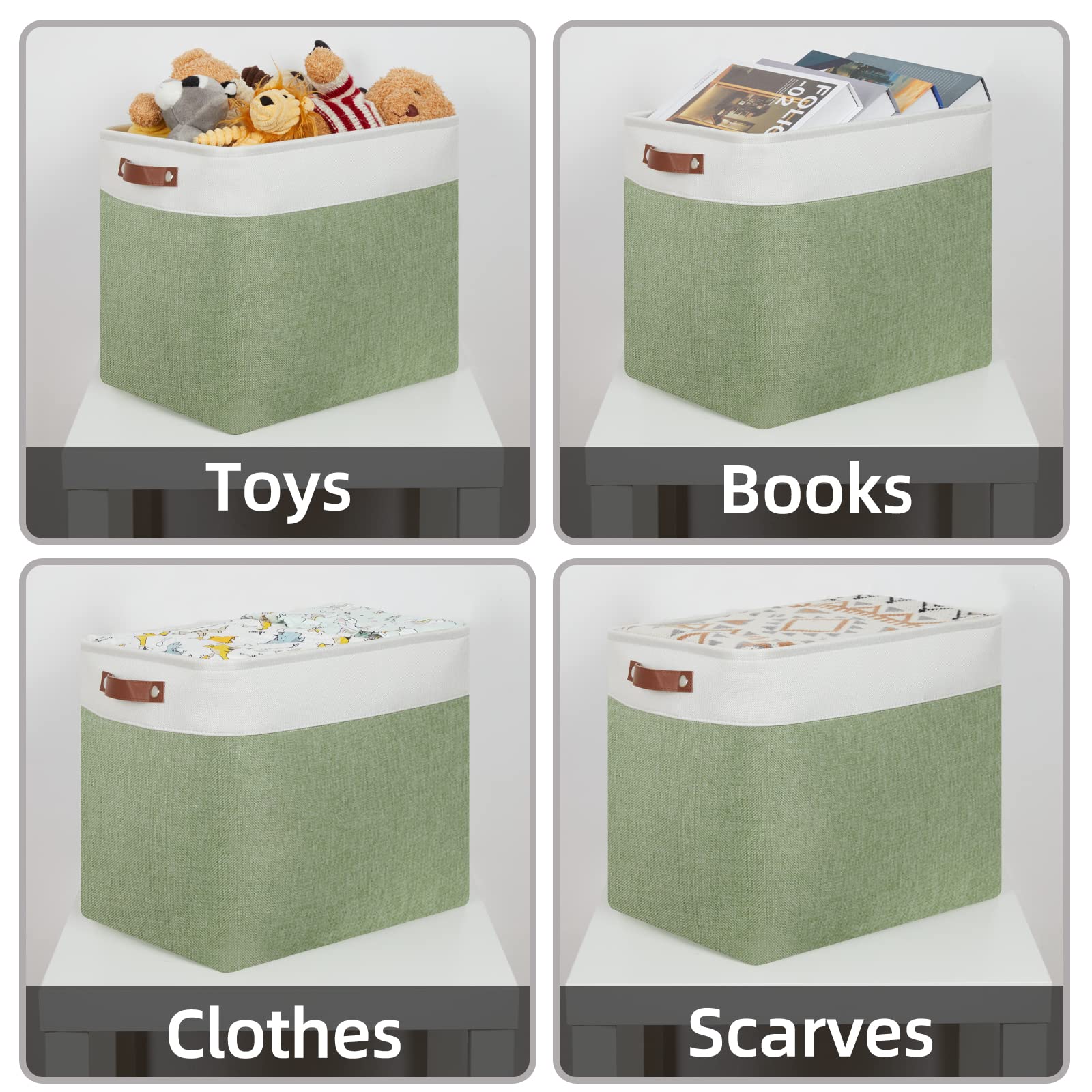 HNZIGE Shelf Storage Baskets for Clothes, Large Storage Bins Fabric Baskets for Organizing, Foldable Rectangular Decorative Storage Bins for Home Closet(White Green), 17" x 12" x 15"