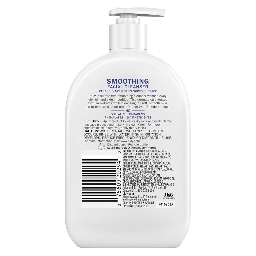 Olay Face Wash Daily Facial Cleanser with Retinol, Peptides and Glycerin, Smoothing and Hydrating Anti Aging Face Wash, Sulfate Free Cream Cleanser for Mature Skin, Daily Use, 16 Oz