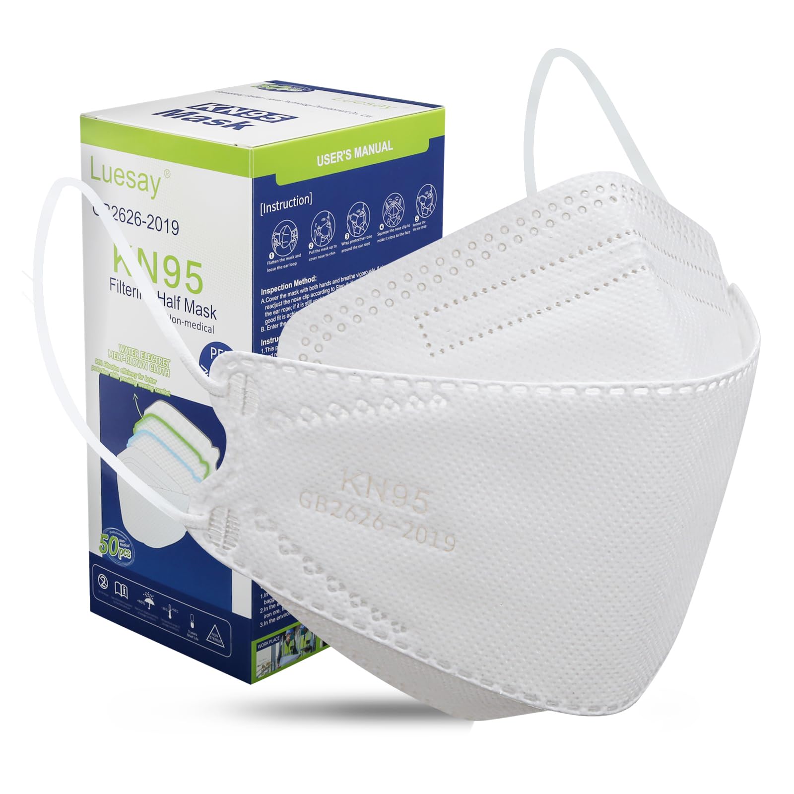 Luesay kn95 Face Masks 50 Pack, Breathable Comfortable and Disposable KN95 Mask, White
