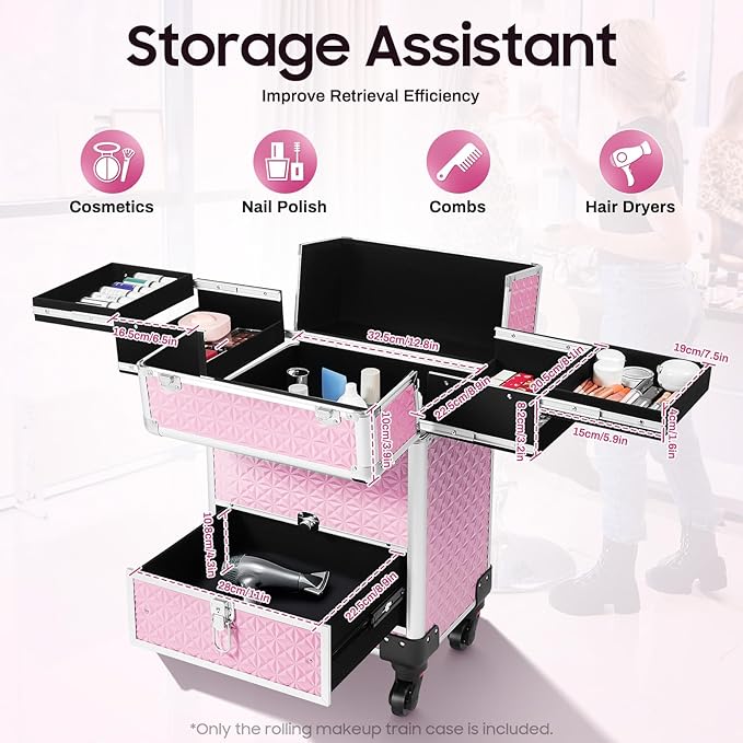 GUEYYSAN Rolling Makeup Case, Nail Storage Box with Wheels Portable Makeup Trolley for Beauty Studio Hairdressers Nail Technician (Pink)