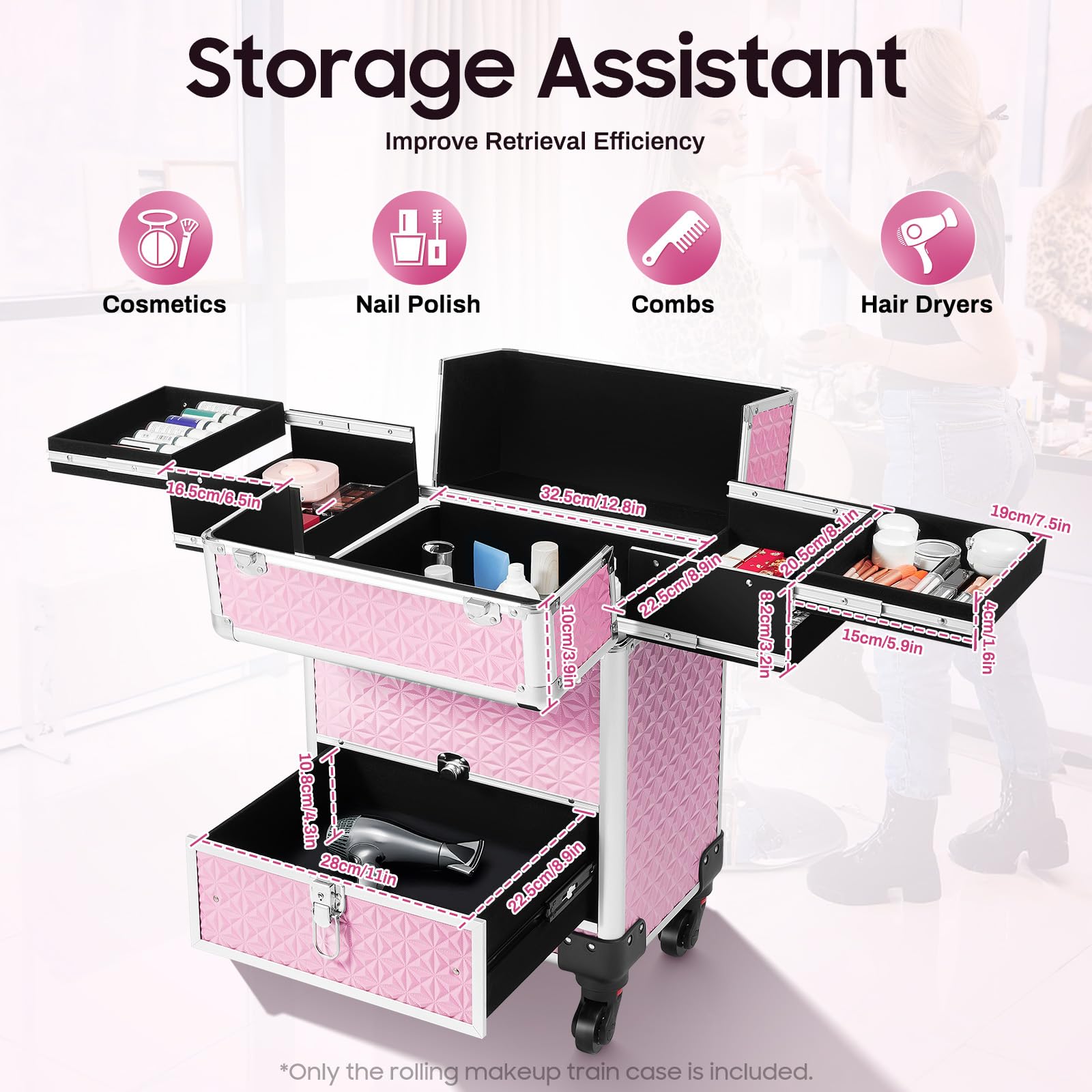 Fronimo Pink Rolling Makeup Case with 4 Trays and Large Drawer Nail Travel Case on Wheels for Professional Stylists Portable Beauty Organizer