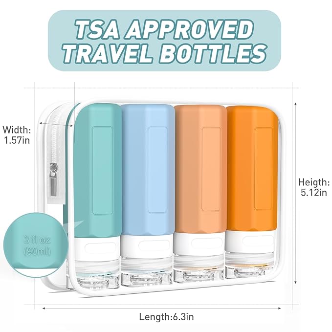 Redfly Travel Bottles for Toiletries, Tsa Approved 3oz Travel Size Containers, Leak Proof Travel Size Toiletries Bottles Silicone, BPA Free Refillable Shampoo Conditioners Essentials Kit, Mixed