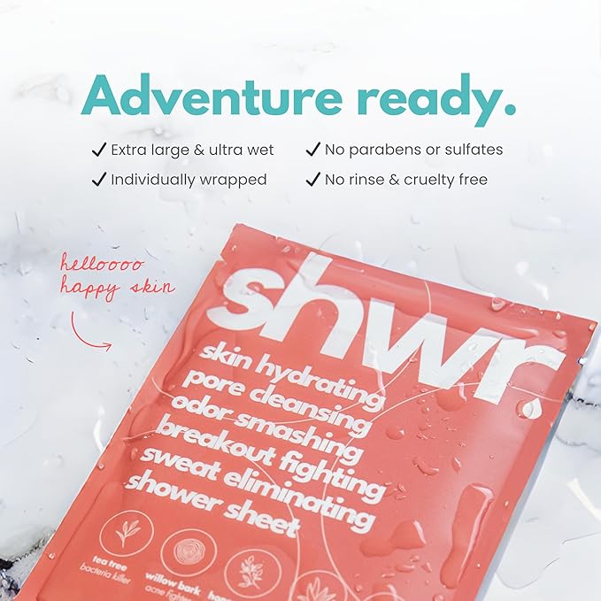 Shwr, Shower Sheet Body Wipes, Individually Wrapped, Extra Large 12"x12", Pack of 10, for Gym Bag or Day Pack