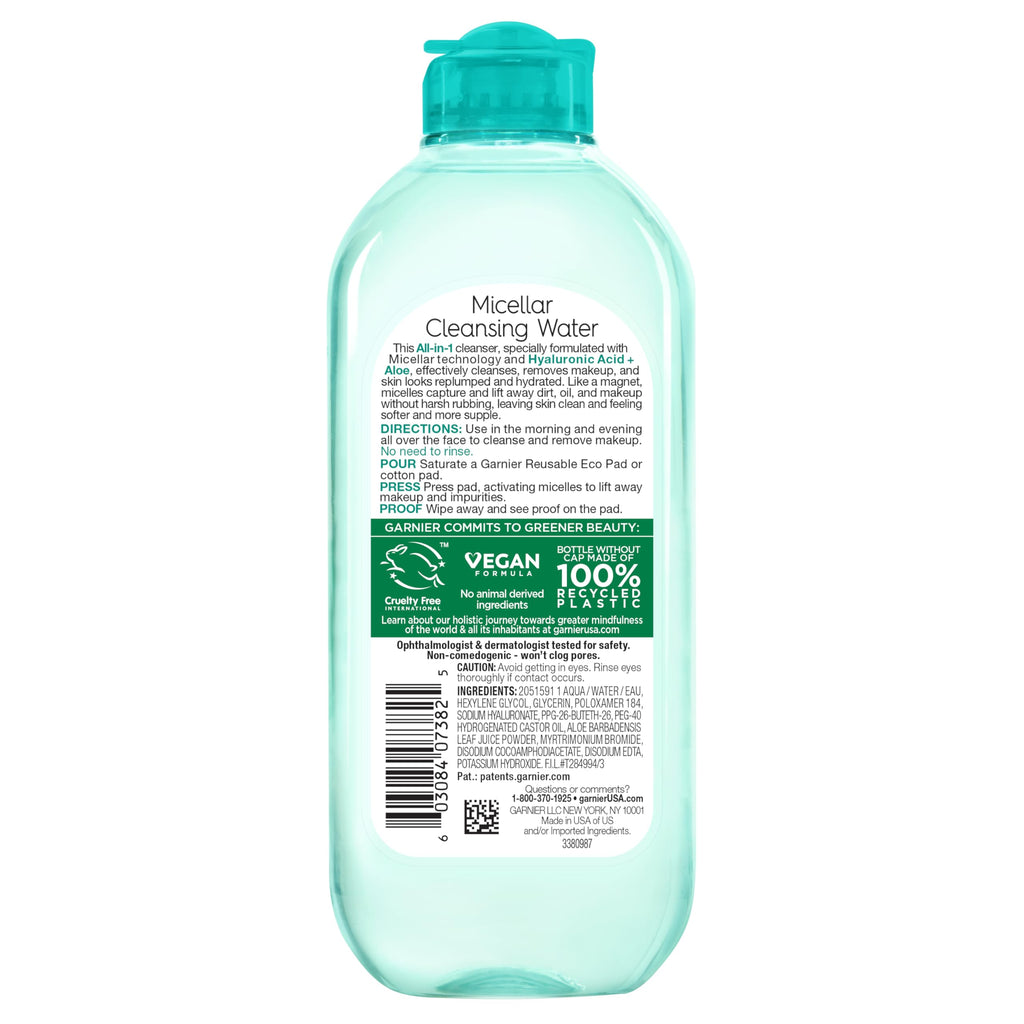 Garnier Micellar Water with Hyaluronic Acid, Facial Cleanser & Makeup Remover, Hydrating and Plumping, For All Skin Types, Vegan, Cruelty Free, 13.5 Fl Oz (400mL), 1 Count