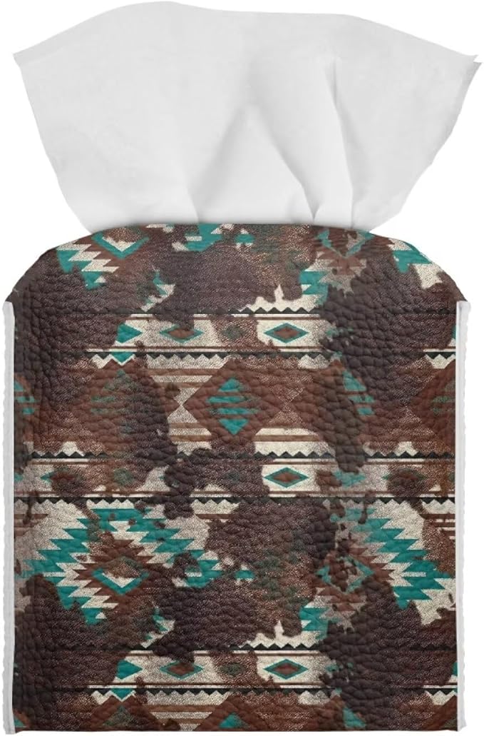 Aztec Cowhide Minimalist Tissue Box Holder, Square PU Leather Napkin Organizer with Secure Metal Button, Waterproof and Stain-Resistant Tissue Cover for Home, Kitchen, and Automotive Use