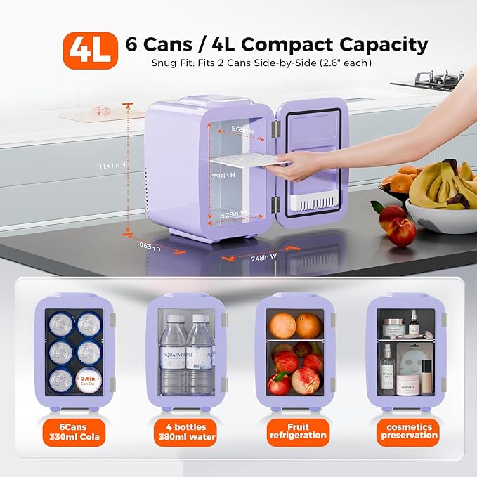 YASHE Mini Fridge, 4 Liter/6 Can Mini Makeup Fridge, 110V AC/ 12V DC Portable Thermoelectric Cooler&Warmer for Skincare, Drink, Cosmetic, Medicine, Small fridge for Bedroom, Office, Dorm, Car, Purple