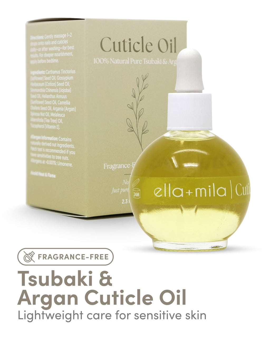 ella+mila Cuticle Oil for Nails - Tsubaki & Argan, Vegan, 2.3 fl oz