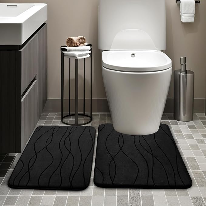 YIHOUSE Bathroom Rugs Set 2 Piece, Memory Foam Bath Mat Black