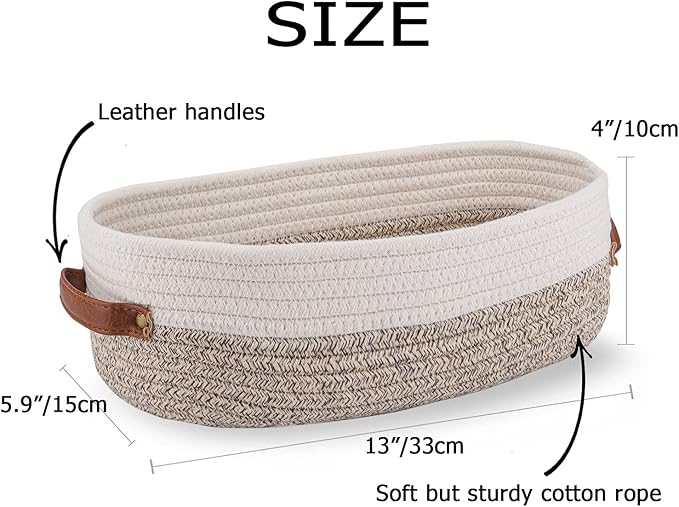 Oradrem Woven Storage Basket for Toilet Tank Top,Farmhouse Home Decor Organizing Basket for Bathroom,Table and Counter 13"x5.9"x4" Apricot Stitching White
