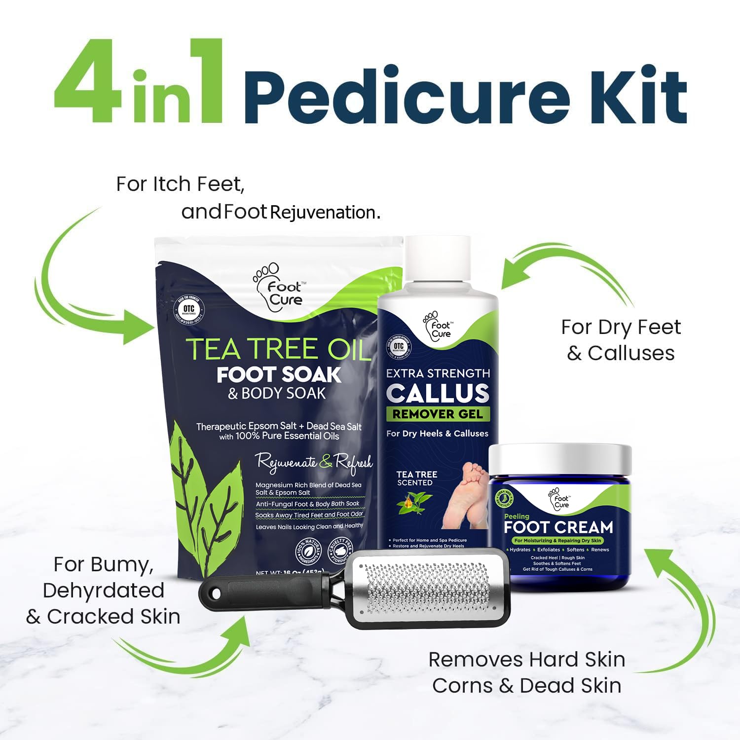 Foot Callus Remover Pedicure Set – Epsom Salt Foot Soak & Callus Remover Gel, Antifungal Cream and Feet Exfoliator for Dead Skin, Pedicure Tools for Feet at Home, Made in USA (4 Piece)